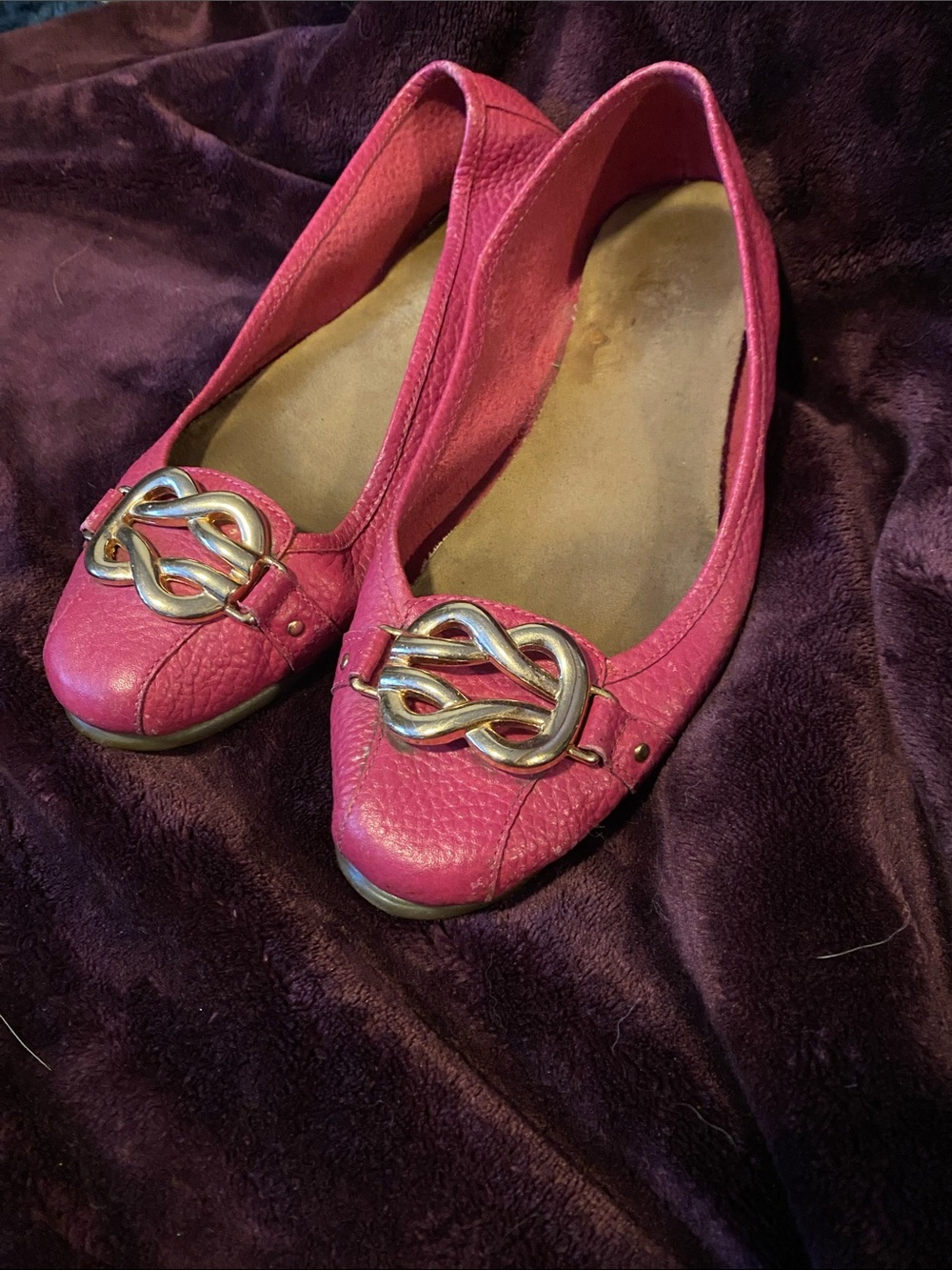 AEROSOLES Pink Leather Ballet Flats with Twisted Gold Accent